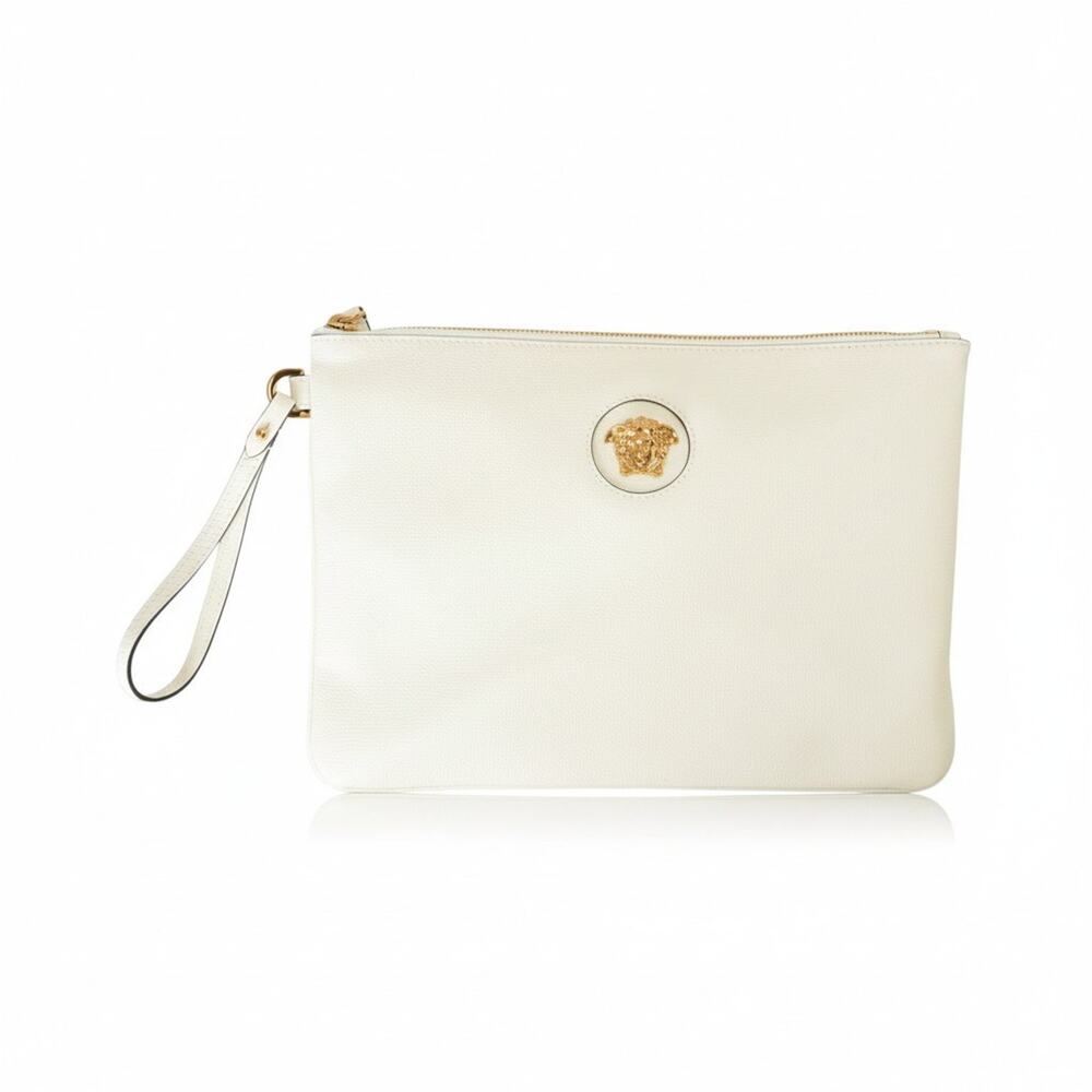 NWT Versace White Gold Medusa Leather Wristlet Clutch Bag 100% Authentic $850
